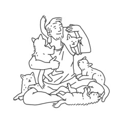 Fototapeta na wymiar Man with a many cats pet. Doodle black white contour line illustration.