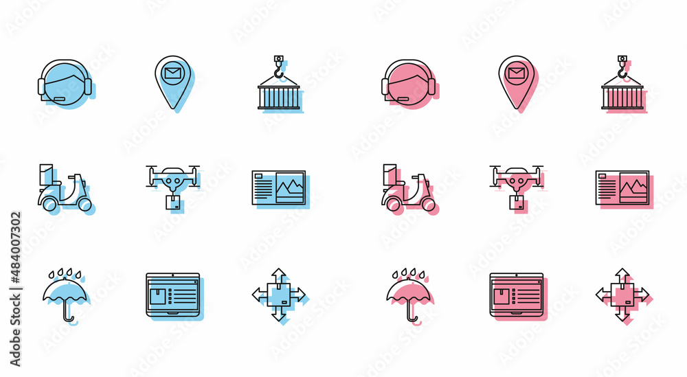 Sticker Set line Umbrella and rain drops, Support operator touch, Cardboard box traffic symbol, Delivery drone the package, Postcard, Scooter and Placeholder map paper icon. Vector