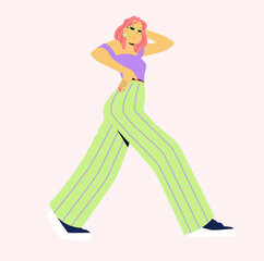 Obraz premium Happy free woman floating and jumping in air. Concept of freedom, happiness and aspirations. Fashion woman happy moving forward. Colored flat vector illustration isolated on white background