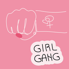 Feminist vector with girl power fist and lettering GIRL GANG. Women freedom and unite in one line art for International Women day