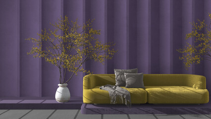 Liliac and yellow concrete molded plaster wall in modern luxury living room with sofa and potted tree. Cozy background with copy space. Relax showcase, interior design concept idea