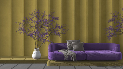 Yellow and liliac concrete molded plaster wall in modern luxury living room with sofa and potted tree. Cozy background with copy space. Relax showcase, interior design concept idea