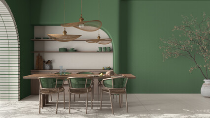 Modern dining room interior in country apartment, cream and green tones, craft wooden table, rattan chairs, molded concrete walls with shelves. Design background with copy space