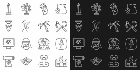 Set line Egyptian house, Cross ankh, Crook and flail, Nefertiti, Hookah, vase, Obelisk of Alexandria and Tropical palm tree icon. Vector