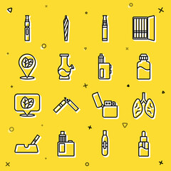 Set line Vape liquid bottle, Lungs, Electronic cigarette, Bong, Tobacco leaf, and mod device icon. Vector