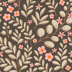 Seamless colorful floral pattern. Botanical illustration with leaves and flowers. Hand-drawn digital painting background for fabric, wallpaper, invitation, etc.