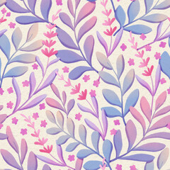Fototapeta na wymiar Botanical floral seamless pattern. Hand painting illustration with leaves. Stylish digital painting fabric design.