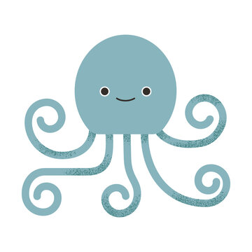 Blue octopus with eight tentacles. Children illustration in the geometric style of sea animals