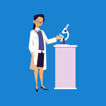 Female doctor with microscope does scientific research, flat vector illustration isolated.