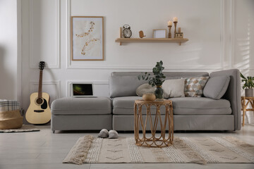 Obraz premium Living room with comfortable grey sofa and stylish interior elements