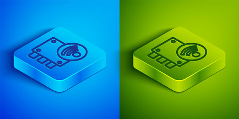 Isometric line Digital door lock with wireless technology for unlock icon isolated on blue and green background. Door handle sign. Security smart home. Square button. Vector