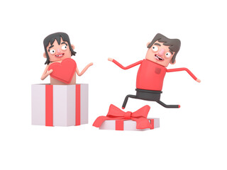 Cute boy running to his girlfriend which is holding a red heart shape in a gift. Box gift. Love.3d illustration. Isolated.
