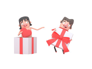 Lovely boy opening his girlfriend´s gift. Box. Love Red heart shape. Lovely. 3d illustration. Isolated.