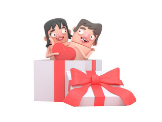 Couple in a big gif box touching each. Heart Red Shape. Love. Box gif. 3d illustration. Isolated.