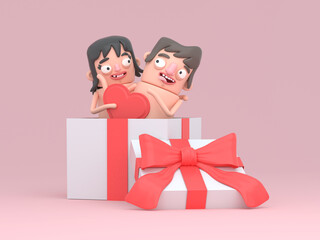 Couple in a big gif box touching each. Heart Red Shape. Love. Box gif. 3d illustration.
