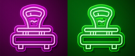 Glowing neon line Scales icon isolated on purple and green background. Weight measure equipment. Vector