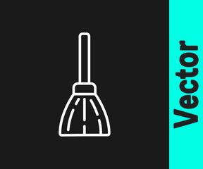 White line Handle broom icon isolated on black background. Cleaning service concept. Vector