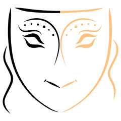 theatrical mask, two halves of contrasting colors, light and dark, female face with a smile and decor