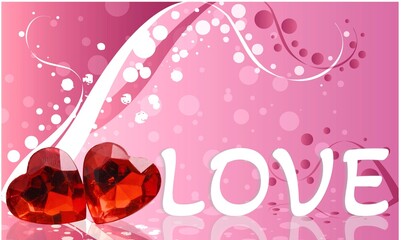 Two red handmade hearts and word love on bright bokeh background