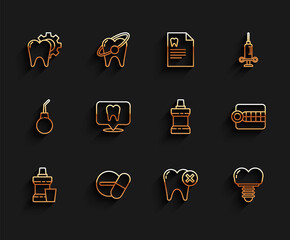 Set line Mouthwash plastic bottle, Medicine pill or tablet, Tooth treatment procedure, with caries, Dental implant, clinic location, Dentures model and icon. Vector