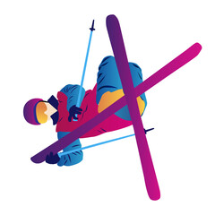 UI design of an abstract man ski jumping on a blue background. Ski Jumping, Freeski Big Air, Freeski Halfpipe - obrazy, fototapety, plakaty