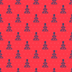 Blue line Sword in the stone icon isolated seamless pattern on red background. Excalibur the sword in the stone from the Arthurian legends. Vector