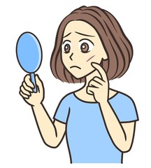 A young woman looking at a scar on her cheek in a hand mirror