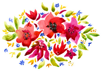 Watercolor flower bouquet isolated on white background. Large abstract red flowers and small blue ones are surrounded by green foliage.