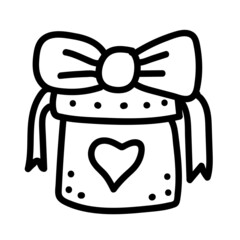 Valentines day Doodle icon Gift box with ribbon bow and heart. Love gift surprise for love-day. Hand drawn Illustration for web, banner, card, print, flyer, poster, holiday, sticker.
