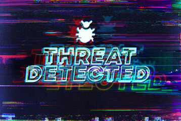 Threat Detected. Glitch art corrupted graphics typography illustration in retro style of vintage TV screens and VHS tapes.
