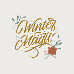 Winter Magic vector text for the Christmas holiday. Design poster, greeting card, party invitation. Vector illustration.
