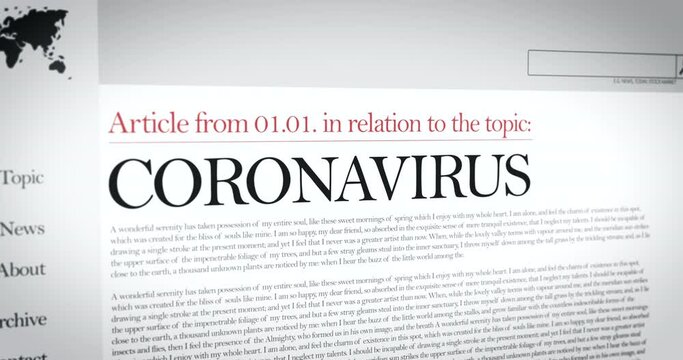 Slow pan over Coronavirus, SARS CoV-2, Covid-19 Breaking News across international media. Headline text change articles keywords.