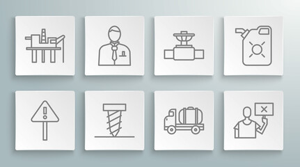 Fototapeta premium Set line Exclamation mark in triangle, Rotating drill digging hole, Tanker truck, Nature saving protest, Industry pipe and valve, Canister for motor oil and Oil platform the sea icon. Vector