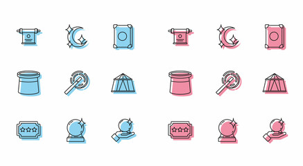 Set line Ticket, Magic ball, scroll, on hand, wand, Circus tent, Magician hat and Moon stars icon. Vector