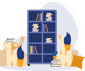 Relocation to New Apartment. Packing of all things and removal of furniture to a new place of residence. Boxes, vases, books, furniture, pillows. Isolated flat vector illustration