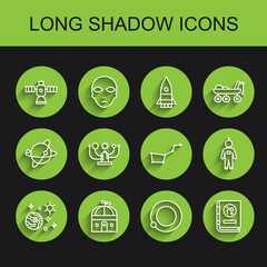 Set line Space and planet, Astronomical observatory, Satellite, Satellites orbiting the Earth, Book by astronomy, Solar system, Astronaut and Great Bear constellation icon. Vector