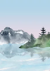 Foto op Aluminium landscape clipart, watercolor mountain lake clipart, forest background clip art, summer nature digital printable image, lake painting © lyubovzaytseva