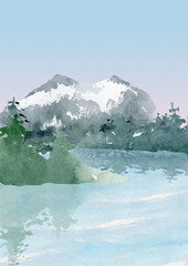 Fototapeta na wymiar landscape clipart, watercolor mountain lake clipart, forest background clip art, summer nature digital printable image, lake painting