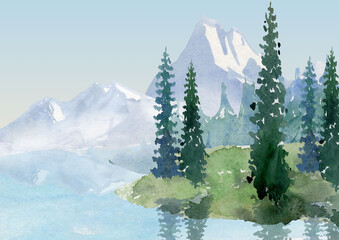 clipart de paysage, clipart de lac de montagne aquarelle, clipart de fond de forêt, image imprimable numérique de nature d& 39 été, peinture de lac