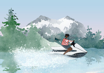 summer lake activities clipart, black man driving jet ski, travel clipart, watercolor mountain lake camp clip art, ocean trip