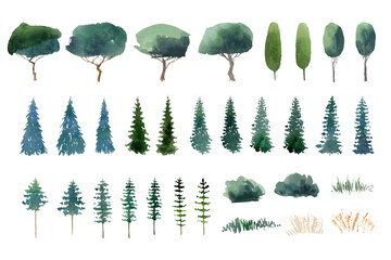 watercolor landscape clipart, forest clip art, tree illustration, background creator, summer nature printable painting, isolated elements on white background