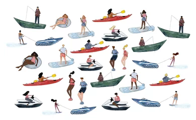 Foto op Canvas lake activities clipart, watercolor black girl in tube, woman kayaking, paddleboarding, man fishing in boat, jet skiing, water skiing, summer travel, water sport camp clip art, isolated elements © lyubovzaytseva