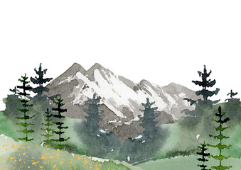 aquarel landschap clipart berg bos digitale frames illustraties, meer achtergrond, boom bruiloft uitnodiging, zomer natuur print