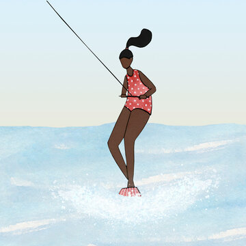 summer lake activities clipart, black girl water skiing, travel clipart, watercolor mountain lake camp clip art, ocean trip