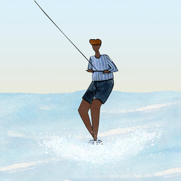 summer lake activities clipart, black man water skiing, travel clipart, watercolor mountain lake camp clip art, ocean trip