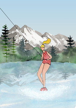 summer lake activities clipart, girl water skiing, travel clipart, watercolor mountain lake camp clip art, ocean trip