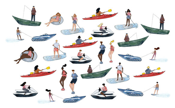 lake activities clipart, watercolor black girl in tube, woman kayaking, paddleboarding, man fishing in boat, jet skiing, water skiing, summer travel, water sport camp clip art, isolated elements
