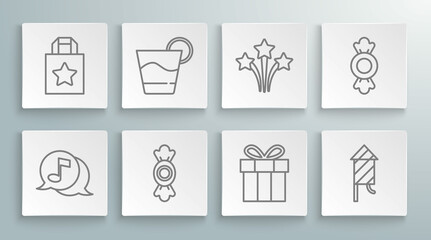 Set line Musical note in speech bubble, Cocktail, Candy, Gift box, Firework rocket, and Paper shopping bag icon. Vector