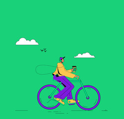 A cyclist man rides down the street with coffee and music - a serene morning. Vector illustration in flat style, big man, simple style