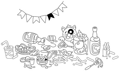 After a joyous celebration, a funny fat cat in good mood on a festive table among various drinks and tasty food, black and white outline vector cartoon illustration isolated on a white background